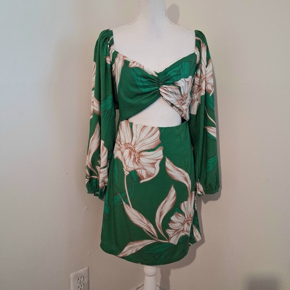 MISA Los Angeles Nina Puff Sleeve Green Floral Cutout Dress Size Small - Picture 9 of 11